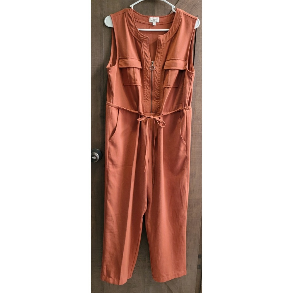 GLAM Los Angeles Sleeveless Jumpsuit Womens Large Rust Brown Zip Front Pockets